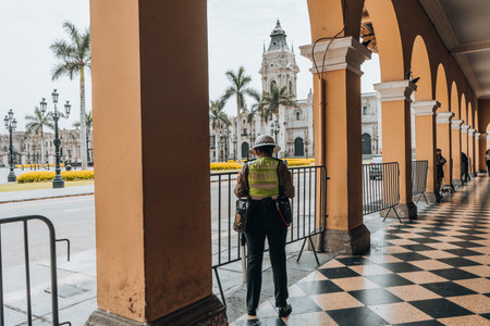 Lima, Peru - January 20, 2023: Police men on the streets at San Martin Squareのeditorial素材