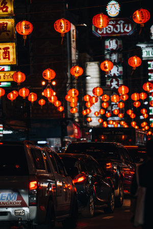 Chinese New Year Lunar in Chinatown Bangkok Thailand with Lanterns and Lightsのeditorial素材