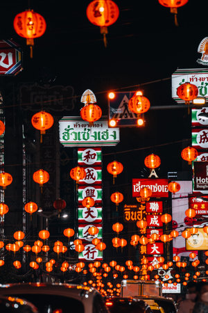 Chinese New Year Lunar in Chinatown Bangkok Thailand with Lanterns and Lightsのeditorial素材