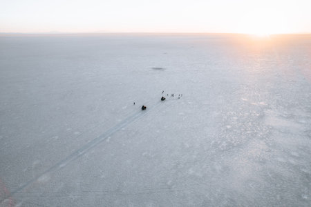 Drone Aerial Photo of Car and person Bolivia Salar de Uyuni Salt Flatsの写真素材