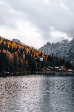 Autumn colours of Lake Lago di Misurina in Dolomites Italyの写真素材