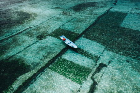 Aerial Drone Photo of Seaweed Farms in Nusa Lembongan Ceningan Bali Indonesiaの写真素材