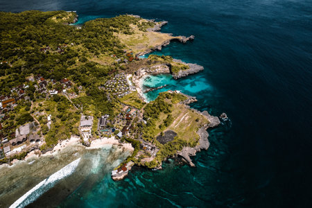 Aerial Drone Photo of coastline in Nusa Lembongan Ceningan Bali Indonesiaの写真素材