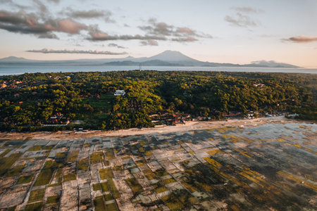 Aerial Drone Photo of Seaweed Farms in Nusa Lembongan Ceningan Bali Indonesiaの写真素材