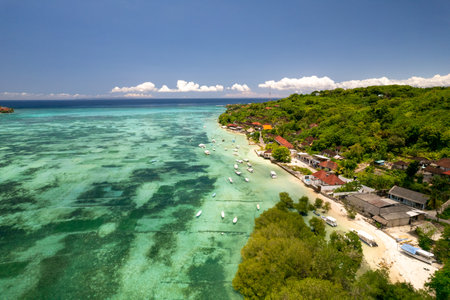 Aerial Drone Photo of Seaweed Farms in Nusa Lembongan Ceningan Bali Indonesiaの写真素材