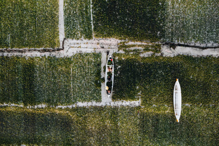 Aerial Drone Photo of Seaweed Farms in Nusa Lembongan Ceningan Bali Indonesiaの写真素材