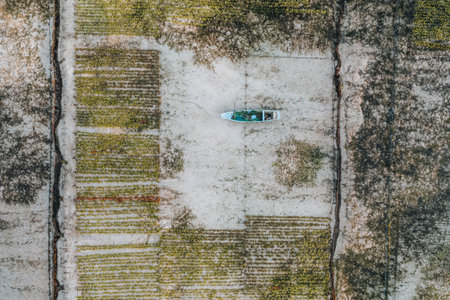 Aerial Drone Photo of Seaweed Farms in Nusa Lembongan Ceningan Bali Indonesiaの写真素材