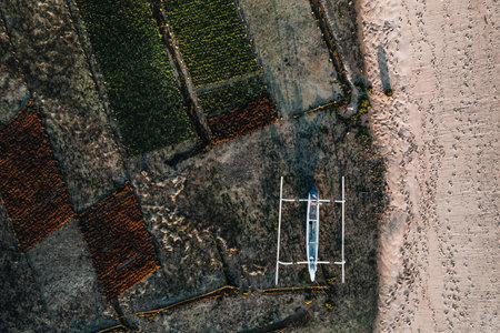 Aerial Drone Photo of Seaweed Farms in Nusa Lembongan Ceningan Bali Indonesiaの写真素材