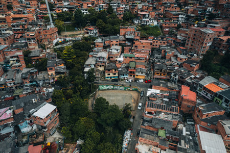 Aerial Drone photo of comuna neighbourhood in Medellin, Colombiaの写真素材