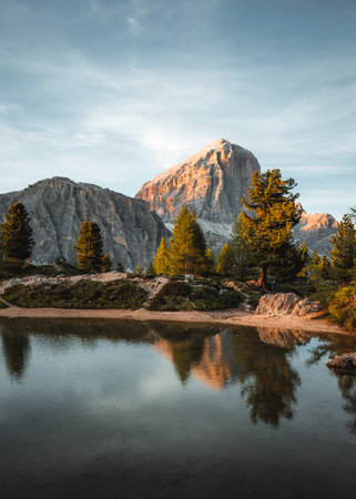 Beautiful sunset view on Lago di Limides in the Falzarego Pass Dolomites, Italyの写真素材
