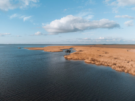 Aerial photo of Kiekkaaste Bird Observatory in The Netherlands at Wadden Seaの写真素材