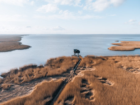 Aerial photo of Kiekkaaste Bird Observatory in The Netherlands at Wadden Seaの写真素材