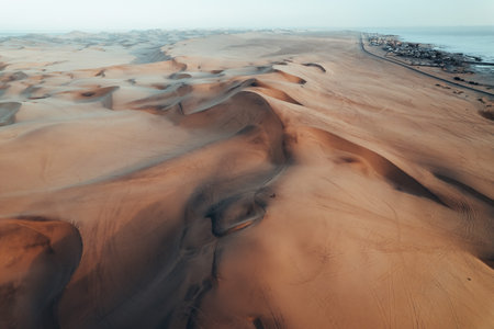 Aerial Dune Textures of Namibian Desert, sunset at Swakopmund, Namibia, Africaの写真素材