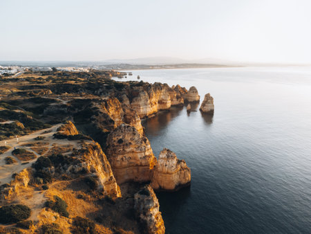 Aerial Drone view of Ponta da Piedade during sunset in Lagos Algarve, Portugalの写真素材