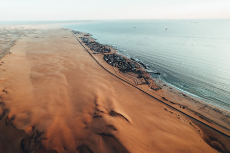 Aerial Dune Textures of Namibian Desert, sunset at Swakopmund, Namibia, Africaの写真素材