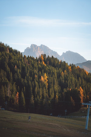 Autumn landscape at Alpe di Siusi sunrise in The Dolomites South Tyrol Italyの写真素材