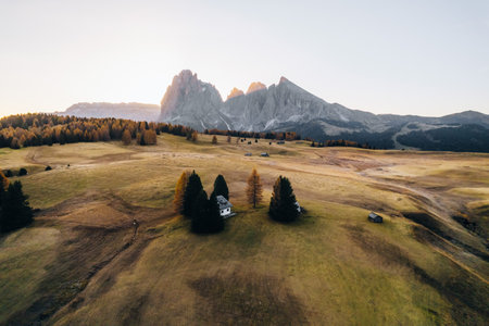 Drone photo at Alpe di Siusi sunrise in Dolomites South Tyrol Italy in Autumn