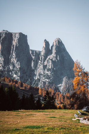 Autumn landscape at Alpe di Siusi sunrise in The Dolomites South Tyrol Italyの写真素材