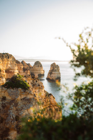 Wonderful view of Ponta da Piedade during sunrise in Lagos, Algarve, Portugalの写真素材