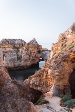 Wonderful view of Ponta da Piedade during sunrise in Lagos, Algarve, Portugalの写真素材