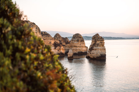 Wonderful view of Ponta da Piedade during sunrise in Lagos, Algarve, Portugalの写真素材