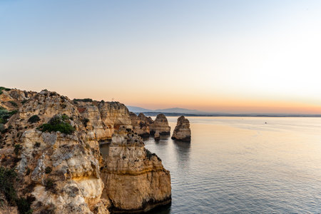 Wonderful view of Ponta da Piedade during sunrise in Lagos, Algarve, Portugalの写真素材