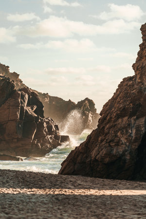 Praia da Ursa beach at Sintra-Cascais Natural Park in Portugal during sunsetの写真素材
