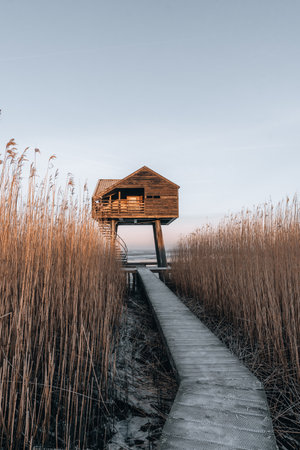 Sunrise photo of Kiekkaaste Bird Observatory in The Netherlands at Wadden Seaの写真素材