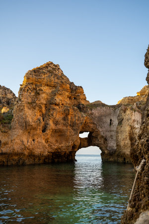 Wonderful view of Ponta da Piedade during sunrise in Lagos, Algarve, Portugalの写真素材