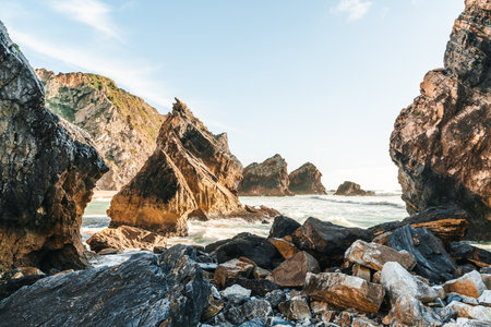 Praia da Ursa beach at Sintra-Cascais Natural Park in Portugal during sunsetの写真素材