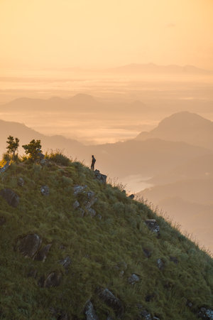 Little Adams Peak landscape during a stunning sunrise in Ella, Sri Lankaの写真素材