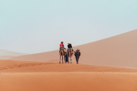 Camel trek with tourists through the sahara desert in Merzouga, Moroccoの写真素材