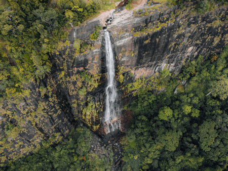 Aerial Photo of Diyaluma falls Waterfall in jungle of Ella Sri Lankaの写真素材