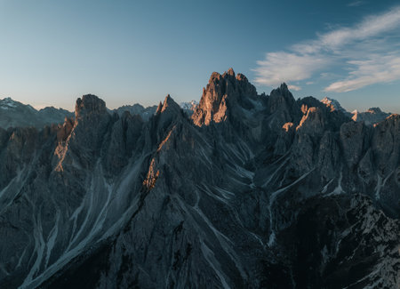 Aerial Photo Cadini di Misurina peaks, Auronzo, Tre Cime, Dolomites Italyの写真素材
