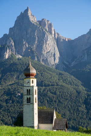 Seis am Schlern, St. Valentin Church in Dolomites, Trentino Alto Adige Italyの写真素材