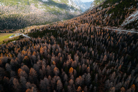 Aerial Autumn Photo Auronzo road to Tre Cime, Cortina d Ampezzo Dolomites Italyの写真素材