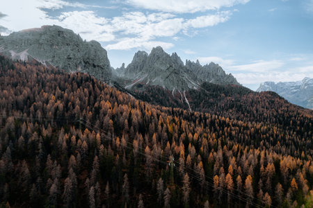 Aerial Autumn Photo Auronzo road to Tre Cime, Cortina d Ampezzo Dolomites Italyの写真素材