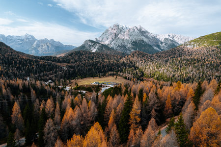 Aerial Autumn Photo Auronzo road to Tre Cime, Cortina d Ampezzo Dolomites Italyの写真素材