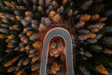 Aerial Autumn Photo Auronzo road to Tre Cime, Cortina d Ampezzo Dolomites Italyの写真素材
