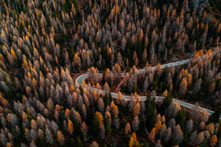 Aerial Autumn Photo Auronzo road to Tre Cime, Cortina d Ampezzo Dolomites Italyの写真素材