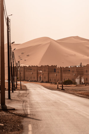 View of Merzouga and sand dunes, gateway to Sahara Desert, Merzouga, Moroccoの写真素材