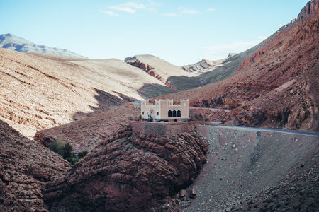 Nature, rocks, houses and mountains in Dades Gorge Moroccoの写真素材