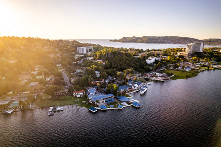 Aerial drone photo during sunset Lake Victoria, Mwanza, City of Rocks, Tanzaniaの写真素材
