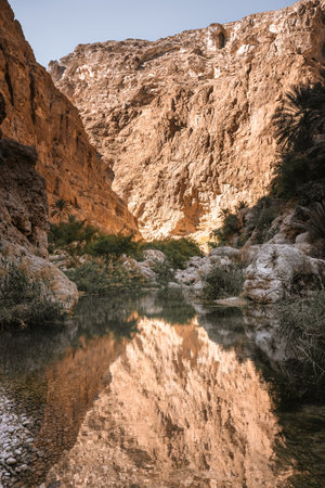 Wadi Shab, Canyon, valley, oasis with blue waters to swim close to Muscat Omanの写真素材