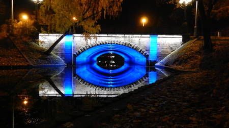 Small bridge at night in Riga, Latviaの写真素材