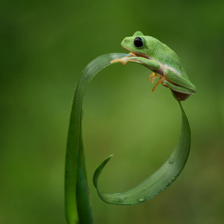 Morelet s tree frog on a nice curved leafの写真素材