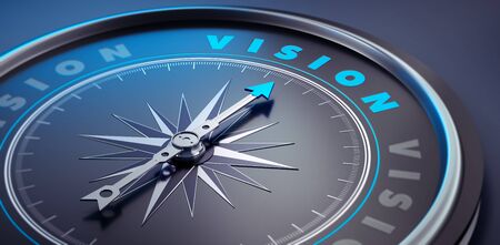 Dark compass with needle pointing to the word vision