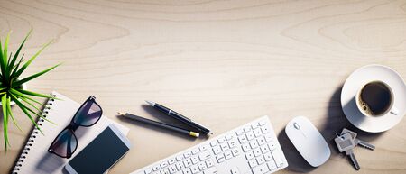 Bright wood desk with blank horizontal formatの写真素材