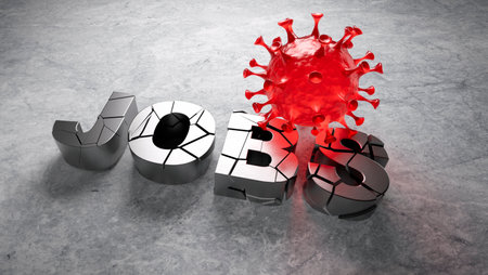 Red Coronavirus crashing silver letter jobsの写真素材