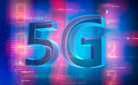 Illuminated 5G network icon on dark digital pattern background, technology concept - 3D illustration